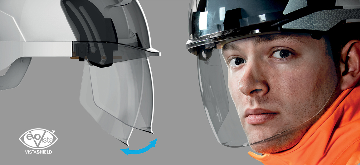 Image demonstrating the adjustable pivot of the shield on EVO® VISTA® safety helmets