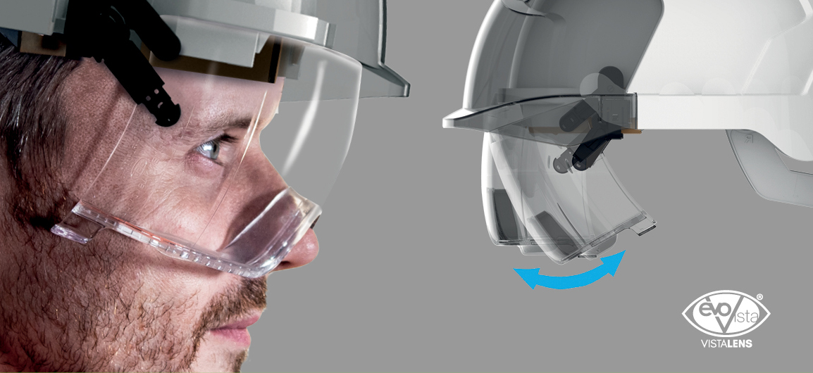 Image demonstrating the adjustable pivot of the lens on EVO® VISTA® safety helmets