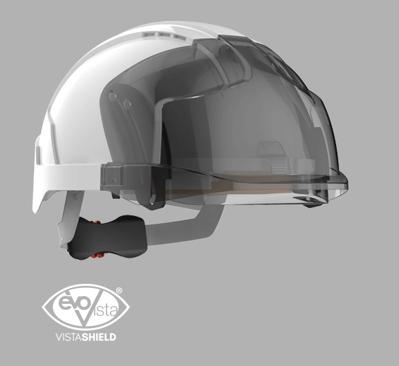 An animated image of a JSP EVO VISTAShield safety helmet of the visor deploying down and back up again