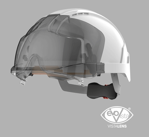An animated image of a JSP EVO® VISTALens® safety helmet of the visor deploying down and back up again