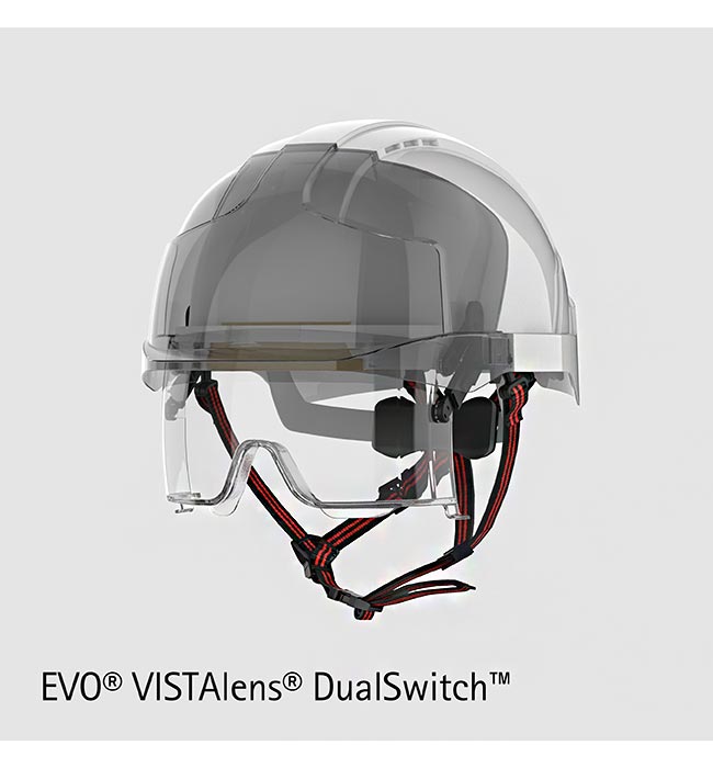 Climbing helmet with integrated eye protection